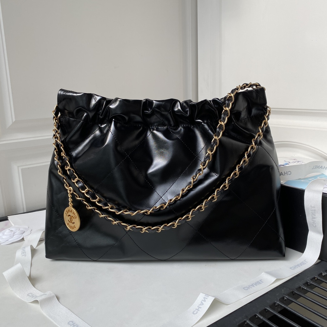 Ch*el 22 handbag shiny calfskin black 30×45×8cm