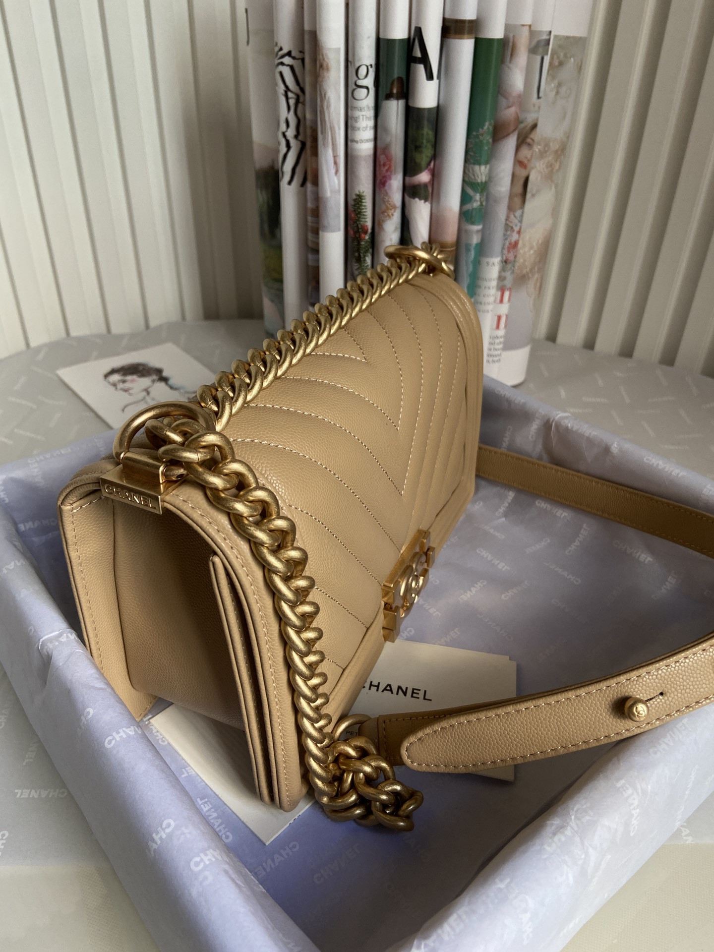 boy Ch*el handbag shiny grained calfskin brown 5.9 × 9.8 × 3.5 in