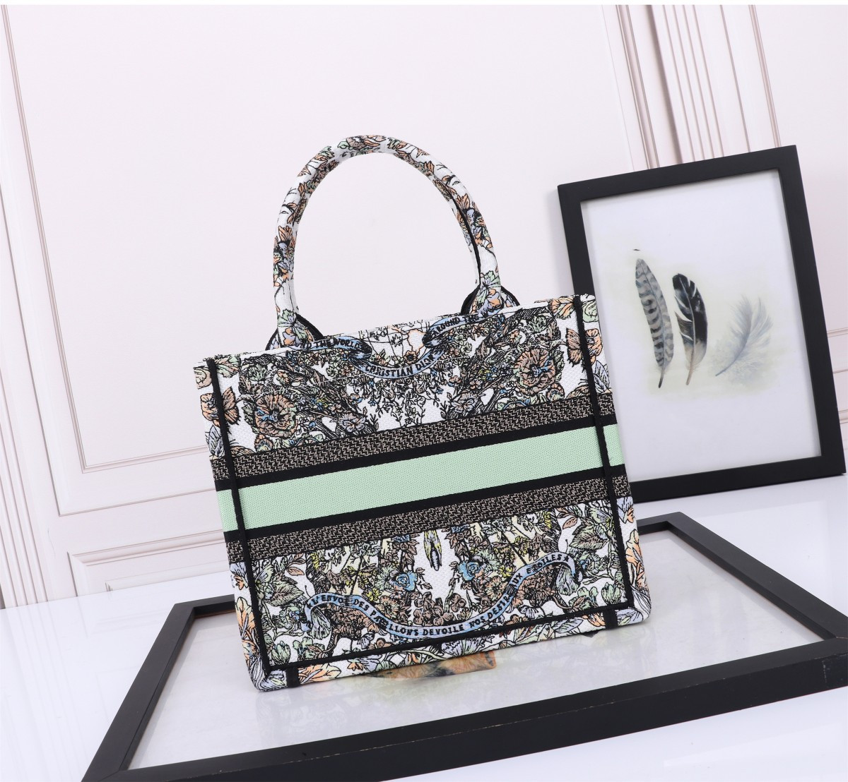 small D*or book tote white multicolor toile de jouy mexico embroidery  10.5 x 8.5 x 5.5 inches