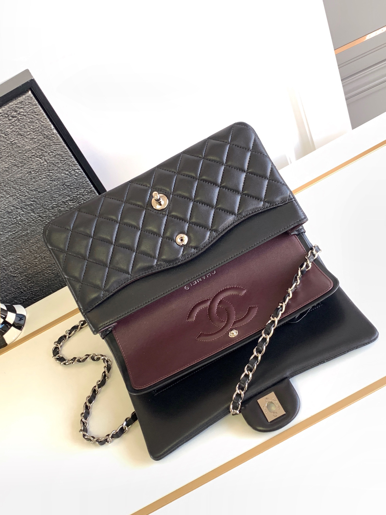 Ch*el classic handbag grained shiny calfskin & silver-tone metal black 6 × 9.9 × 2.5 in