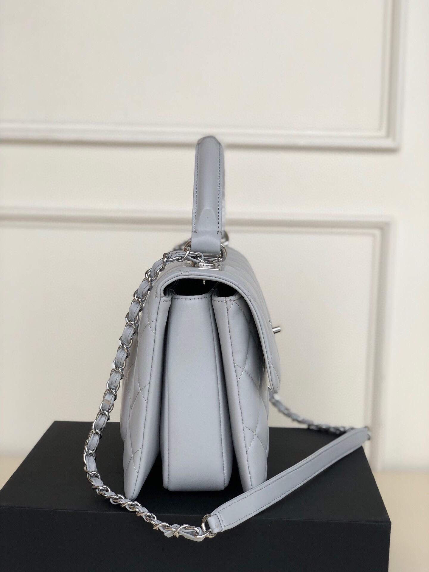 Ch*el flap bag with top handle 6.6 × 9.8 × 4.7 in