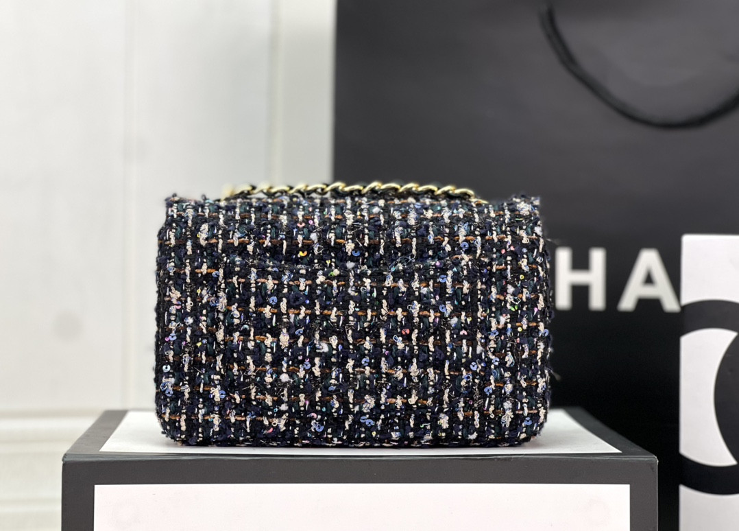 Ch*el mini classic 11.12 handbag tweed & gold-tone metal 4.7 × 7.8 × 2.3 in